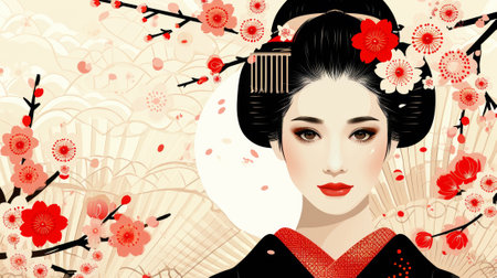 A woman with red lips and a geisha style dress, AIの素材
