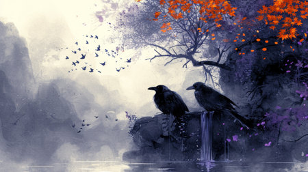 A painting of two birds sitting on a rock next to water, AIの素材