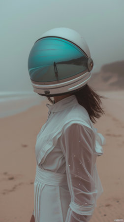 A woman in white dress with helmet on standing at beach, AIの素材