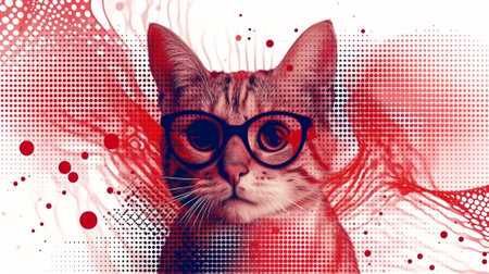 A cat wearing glasses with a red background and dots, AIの素材