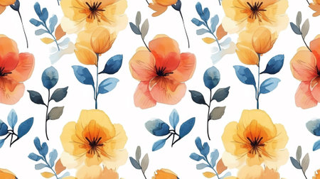 A pattern with orange and blue flowers on a white background, AIの素材