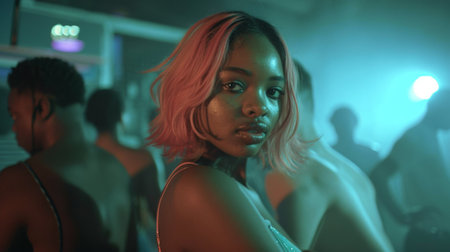 A woman with pink hair standing in a room full of people, AIの素材