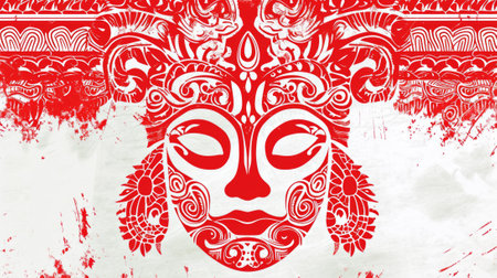 A red and white patterned face on a grunge background, AIの素材