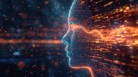 A futuristic image of a womans face with glowing lights, AIの素材