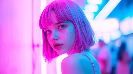 A girl with pink hair and a piercing in her nose, AIの素材