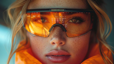 A woman wearing goggles with a close up of her face, AIの素材