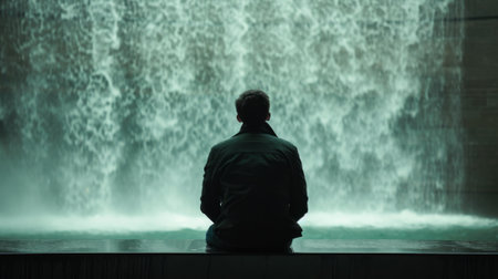 A man sitting in front of a waterfall with his back to it, AIの素材