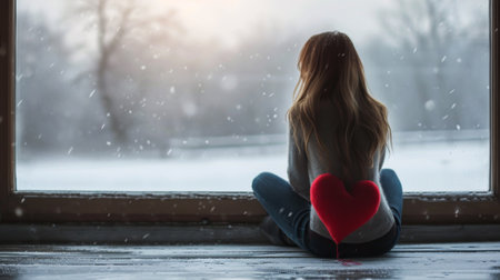 A woman sitting on a window sill with her heart shaped red balloon, AIの素材