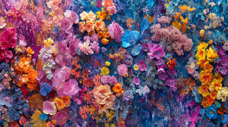 A large wall of flowers with many different colors and shapes, AIの素材