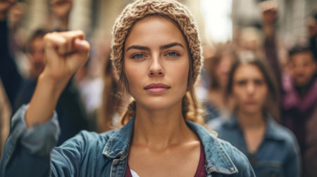 A woman with a hat and scarf is holding up her fist, AIの素材