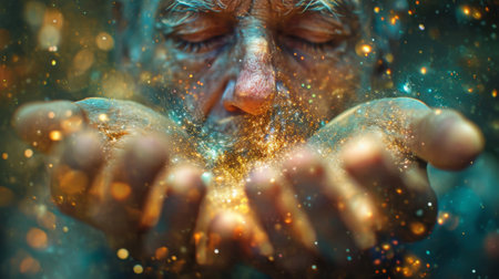 A close up of a man blowing bubbles out his hands, AIの素材