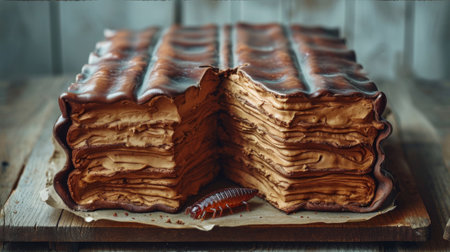 A large layered cake with a bug crawling on top, AIの素材
