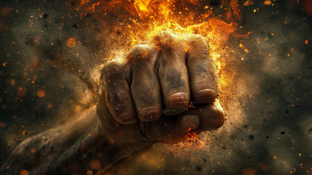 A fist is being punched by a fire explosion, AIの素材