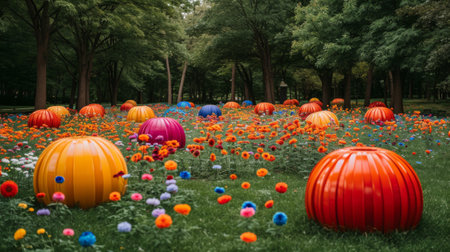 A field of flowers and trees with many different colored balls, AIの素材