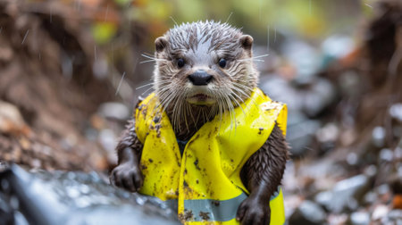 A small otter wearing a yellow vest standing in the rain, AIの素材