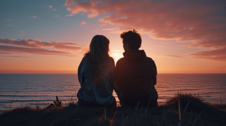 A couple sitting on a hill overlooking the ocean at sunset, AIの素材