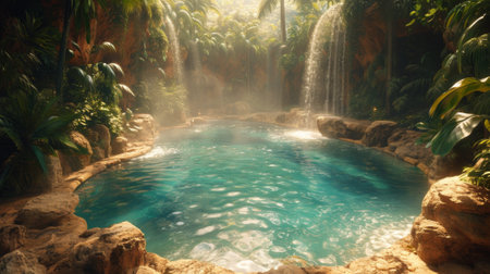 A beautiful blue pool surrounded by lush green trees and waterfalls, AIの素材