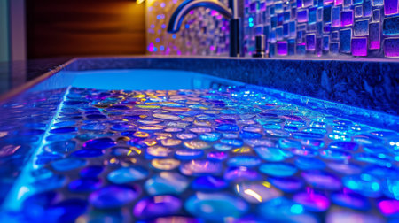 A close up of a blue lighted sink with colorful stones, AIの素材