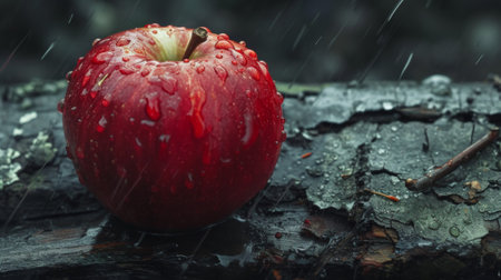 A red apple with water drops on it sitting next to a nail, AIの素材