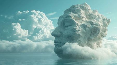 A large head floating in the water with clouds surrounding it, AIの素材