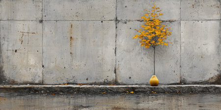 A yellow flower in a pear shaped vase on concrete wall, AIの素材