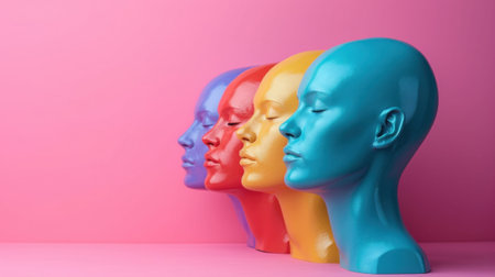 A row of colorful mannequins with their eyes closed against a pink background, AIの素材
