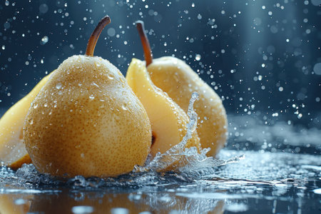 Three pears are sitting in water with a splash of rain, AIの素材