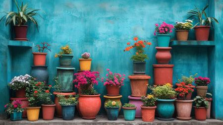 A bunch of pots filled with flowers are sitting on a wall, AIの素材