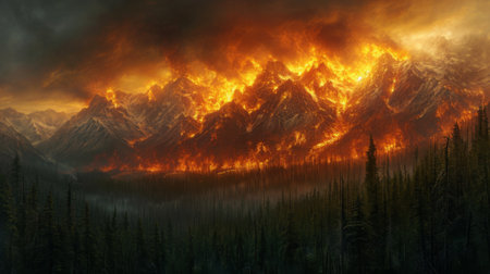A fire is raging in the mountains and it looks like a painting, AIの素材