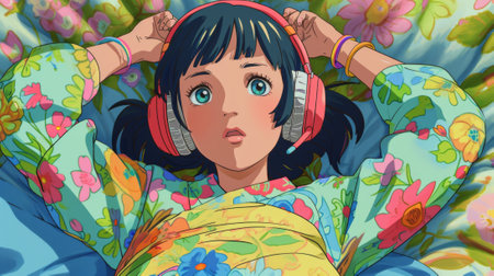 A cartoon girl with headphones on laying down in a bed, AIの素材