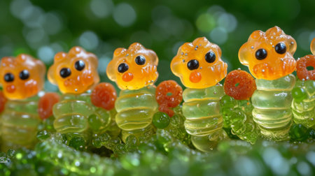 A row of gummy candies with black eyes and orange mouths, AIの素材