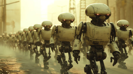 A group of robots walking down a street with red eyes, AIの素材