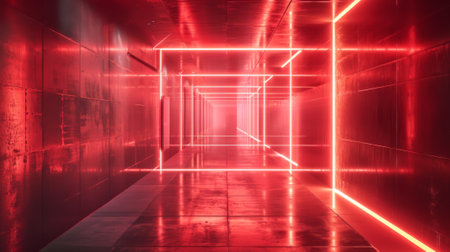 A hallway with red neon lights and a light on the floor, AIの素材