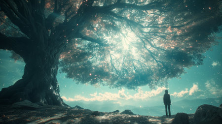 A person standing under a tree with the sun shining on it, AIの素材