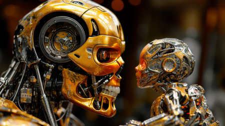 A close up of a robot and child in gold metal, AIの素材