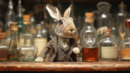 A rabbit dressed in a suit and tie standing next to bottles of liquor, AIの素材