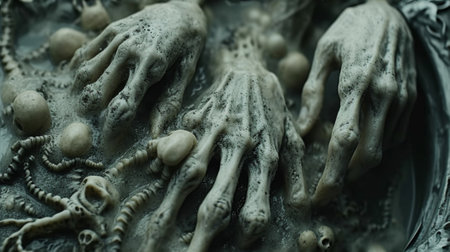 A close up of a bunch of skeletons hands and bones, AIの素材