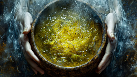 A bowl of water with yellow liquid in it and two hands, AIの素材