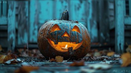 A carved pumpkin with a lit candle inside of it sitting on the ground, AIの素材