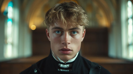 A young man with a black jacket and tie is looking at the camera, AIの素材