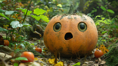 A pumpkin with a face carved into it sitting in the woods, AIの素材