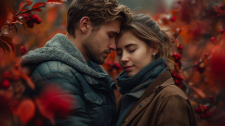 A man and woman in a red bush kissing each other, AIの素材