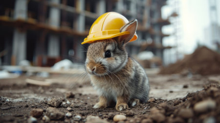 A small rabbit wearing a yellow hard hat sitting on top of dirt, AIの素材