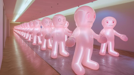 A long line of pink plastic figures on a floor, AIの素材
