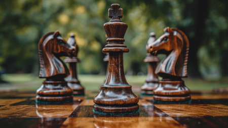 A close up of a chess board with wooden pieces on it, AIの素材