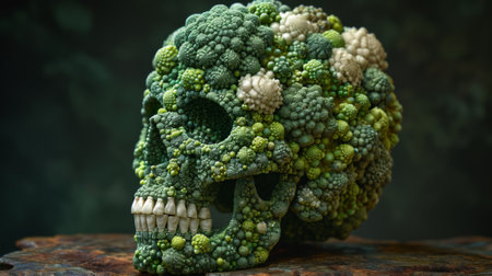 A skull made of broccoli and other vegetables on a table, AIの素材