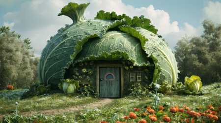 A large cabbage house with a door and windows in the middle of flowers, AIの素材