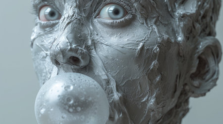 A sculpture of a face with white paint on it blowing bubbles, AIの素材