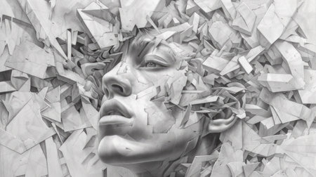 A black and white drawing of a womans face with broken pieces, AIの素材