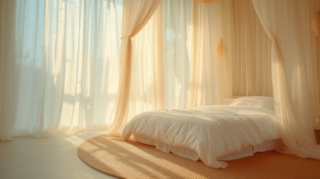 A bed with a white comforter and curtains in the room, AIの素材